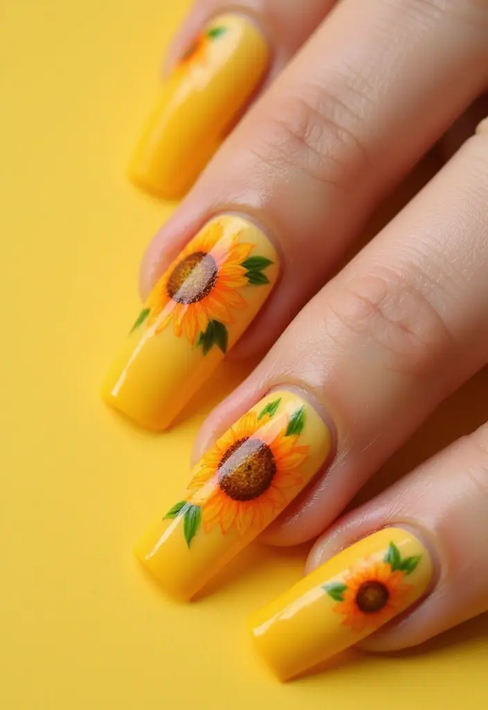 30 Floral Acrylic Nail Ideas for Blooming - 4. Bright Sunflower Accents