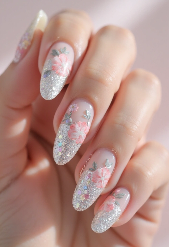 30 Fresh Spring Nail Inspirations for Blooming Beauty and Bold Vibes - 16. Floral Glitter Fade
