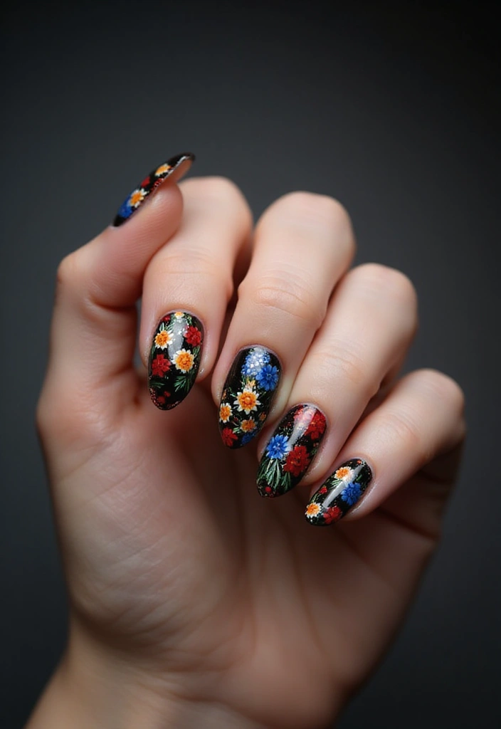 30 Fresh Spring Nail Inspirations for Blooming Beauty and Bold Vibes - 23. Floral Details on Dark Bases