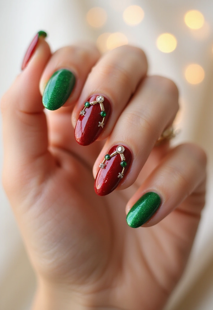 30 Gem-Adorned Nail Ideas for Sparkling Elegance - 11. Holiday Cheer