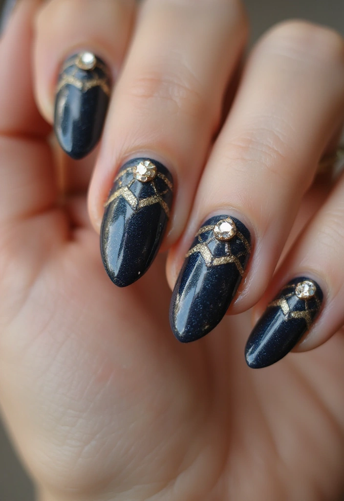 30 Gem-Adorned Nail Ideas for Sparkling Elegance - 14. Art Deco Delight