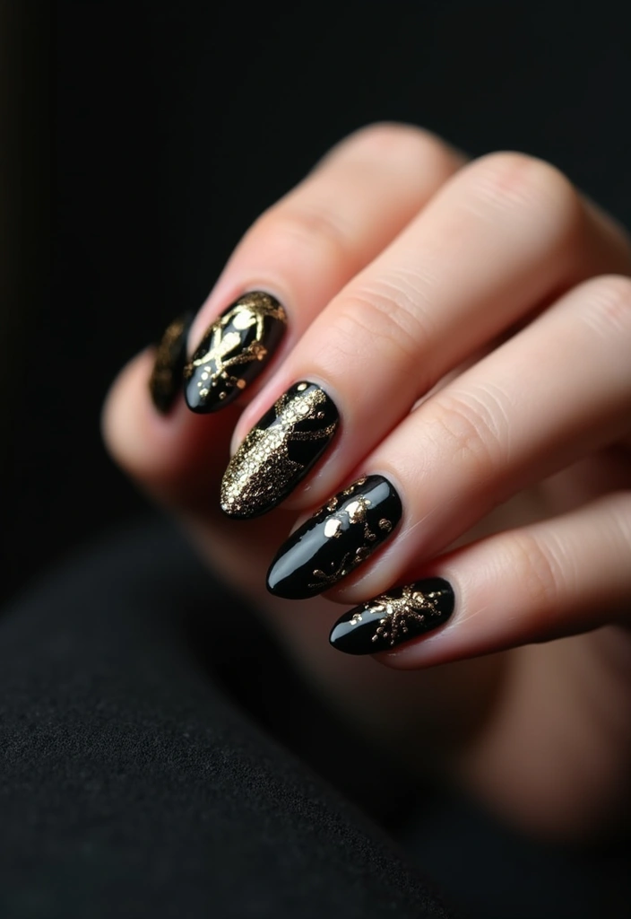 30 Gem-Adorned Nail Ideas for Sparkling Elegance - 23. Mysterious Black and Gold