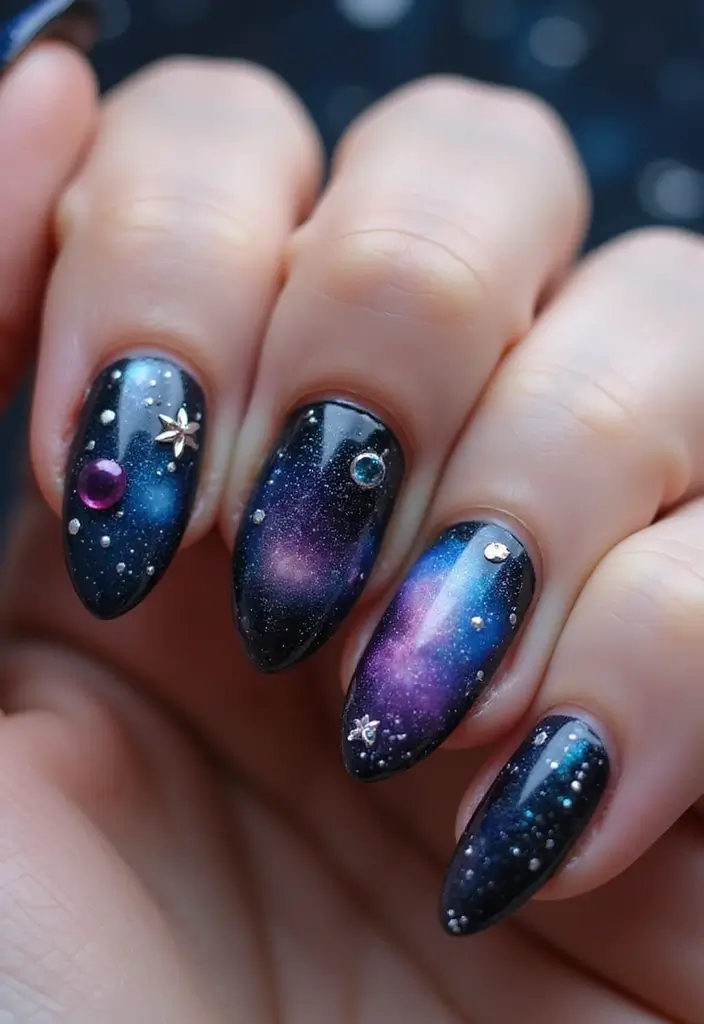 30 Gem-Adorned Nail Ideas for Sparkling Elegance - 30. Dreamy Galaxy