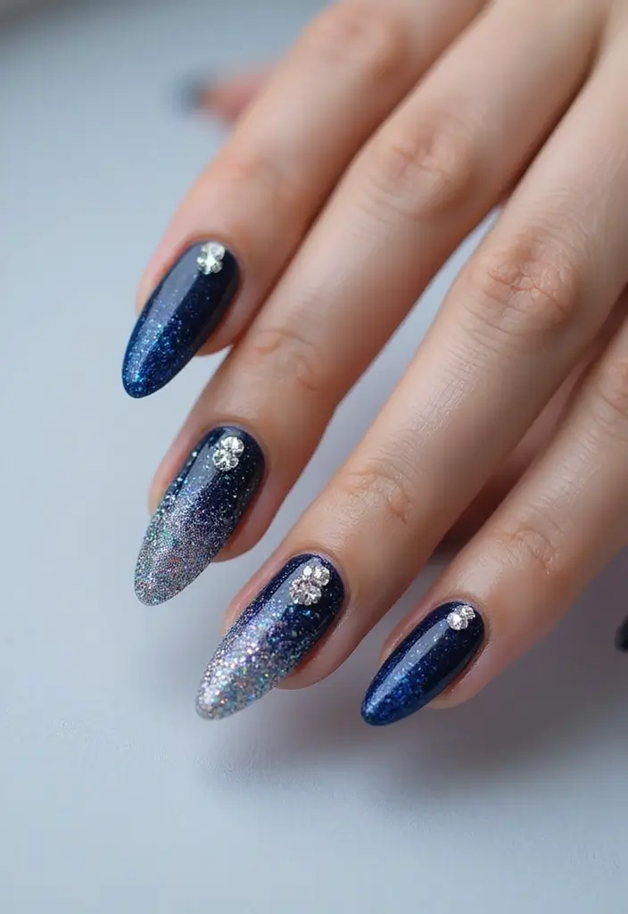 30 Gem-Adorned Nail Ideas for Sparkling Elegance - 4. Glitter Gradient with Crystal Tips