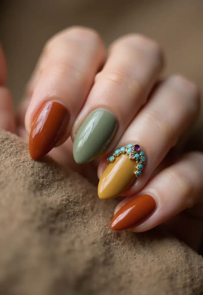 30 Gem-Adorned Nail Ideas for Sparkling Elegance - 5. Bohemian Luxe