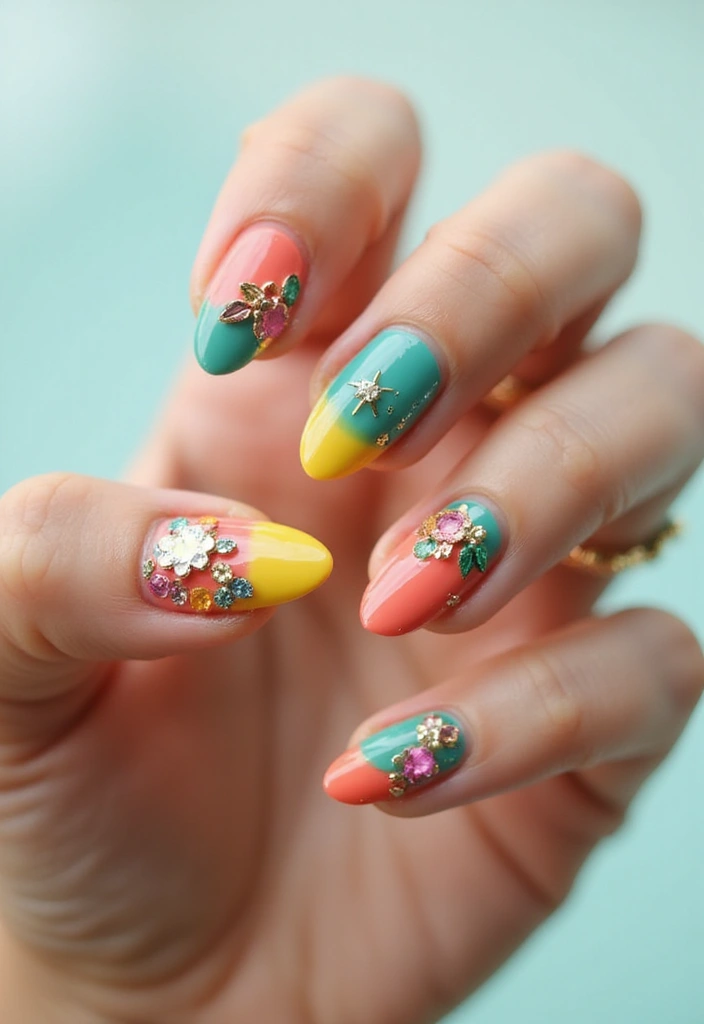 30 Gem-Adorned Nail Ideas for Sparkling Elegance - 8. Tropical Paradise