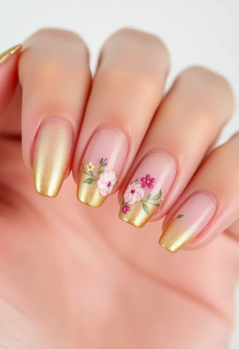 30 Opulent Gold Acrylic Nail Ideas for Luxe - 12. Shimmering Gold Tips with Floral Art