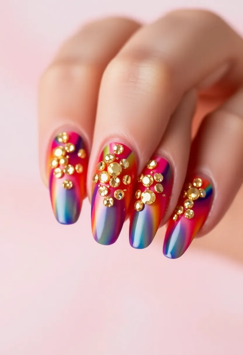30 Opulent Gold Acrylic Nail Ideas for Luxe - 13. Dazzling Gold Rhinestones