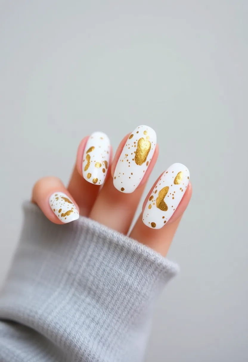 30 Opulent Gold Acrylic Nail Ideas for Luxe - 14. Gold and White Splatter