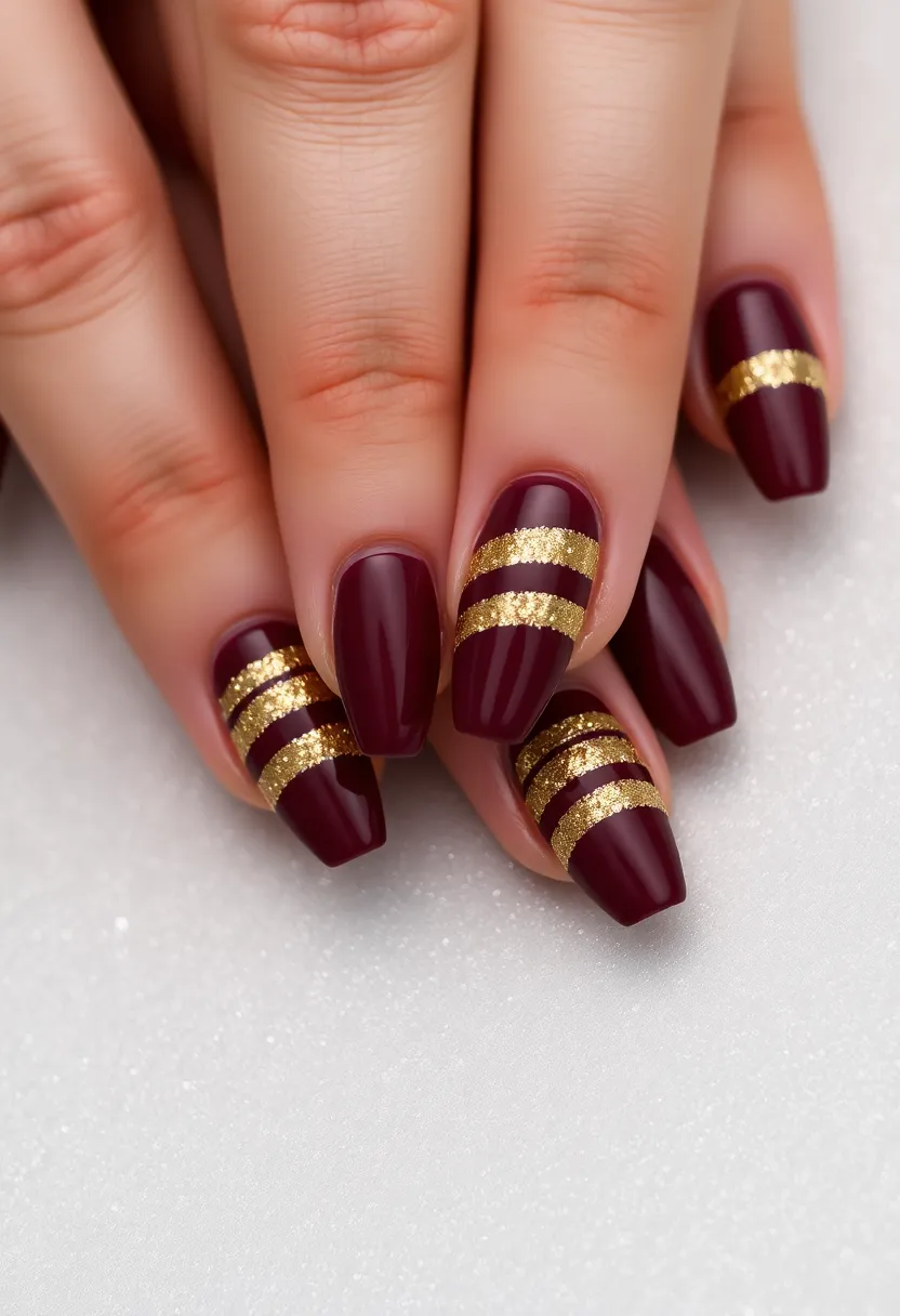 30 Opulent Gold Acrylic Nail Ideas for Luxe - 17. Bold Gold Glitter Stripes
