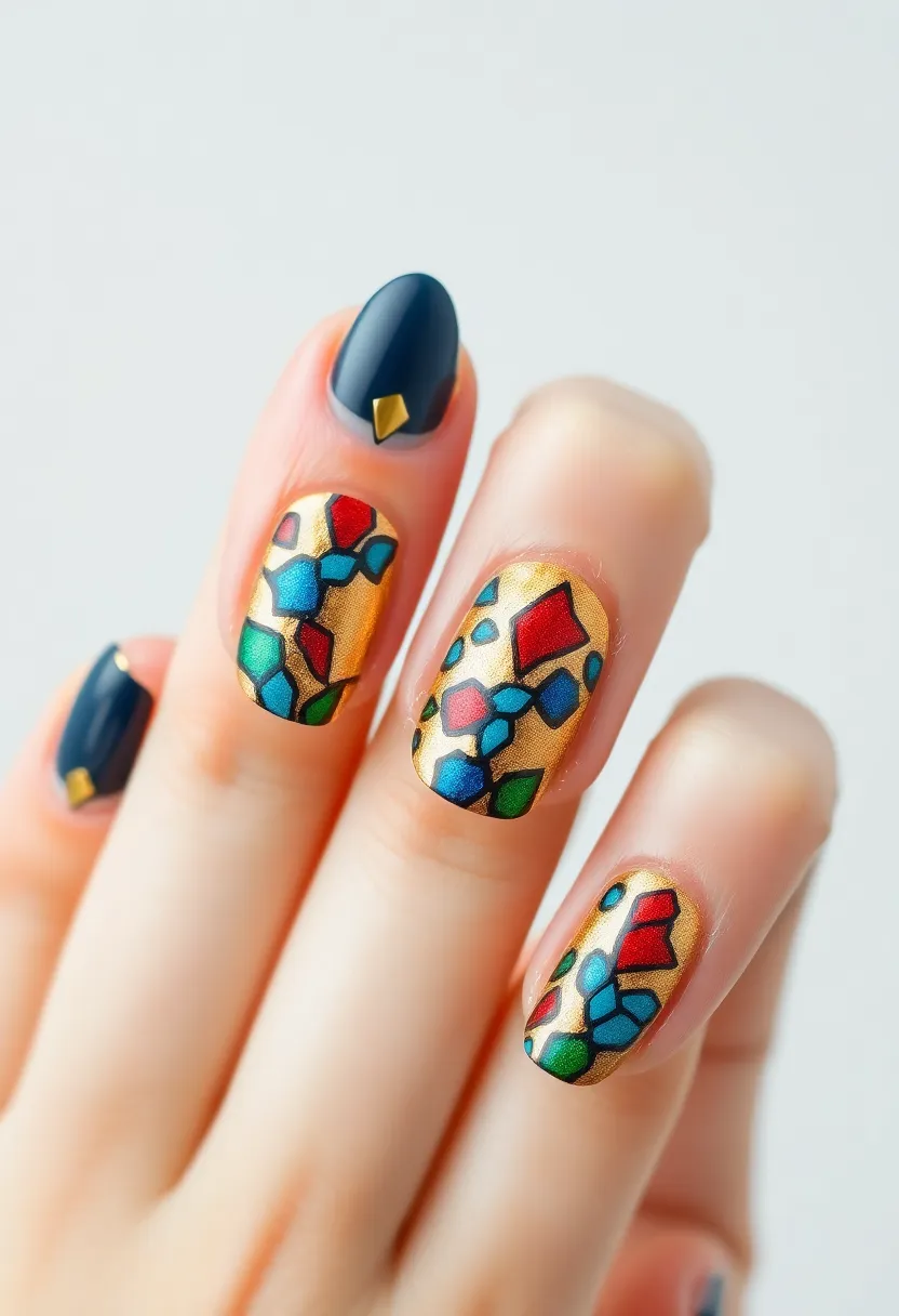 30 Opulent Gold Acrylic Nail Ideas for Luxe - 19. Gold Stained Glass Effect