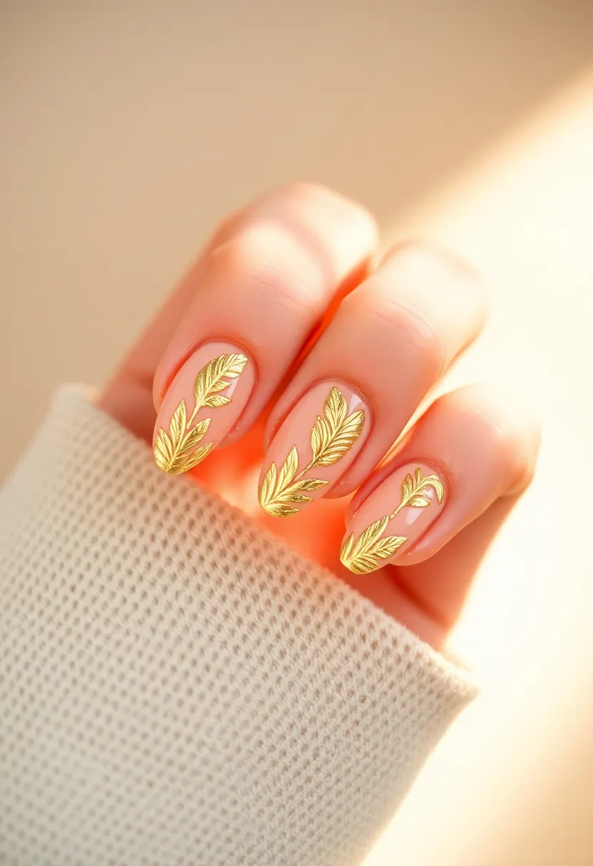 30 Opulent Gold Acrylic Nail Ideas for Luxe - 22. Golden Feather Designs