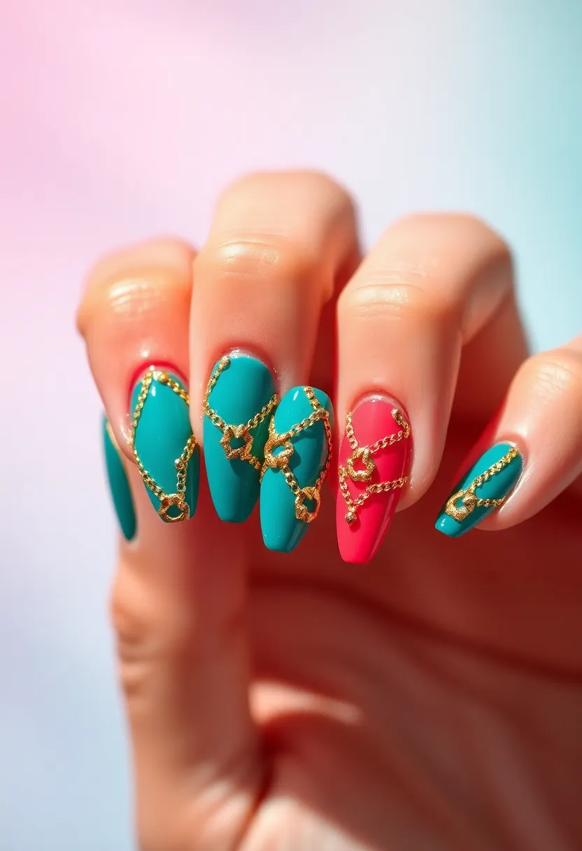 30 Opulent Gold Acrylic Nail Ideas for Luxe - 25. Gold Chain Details