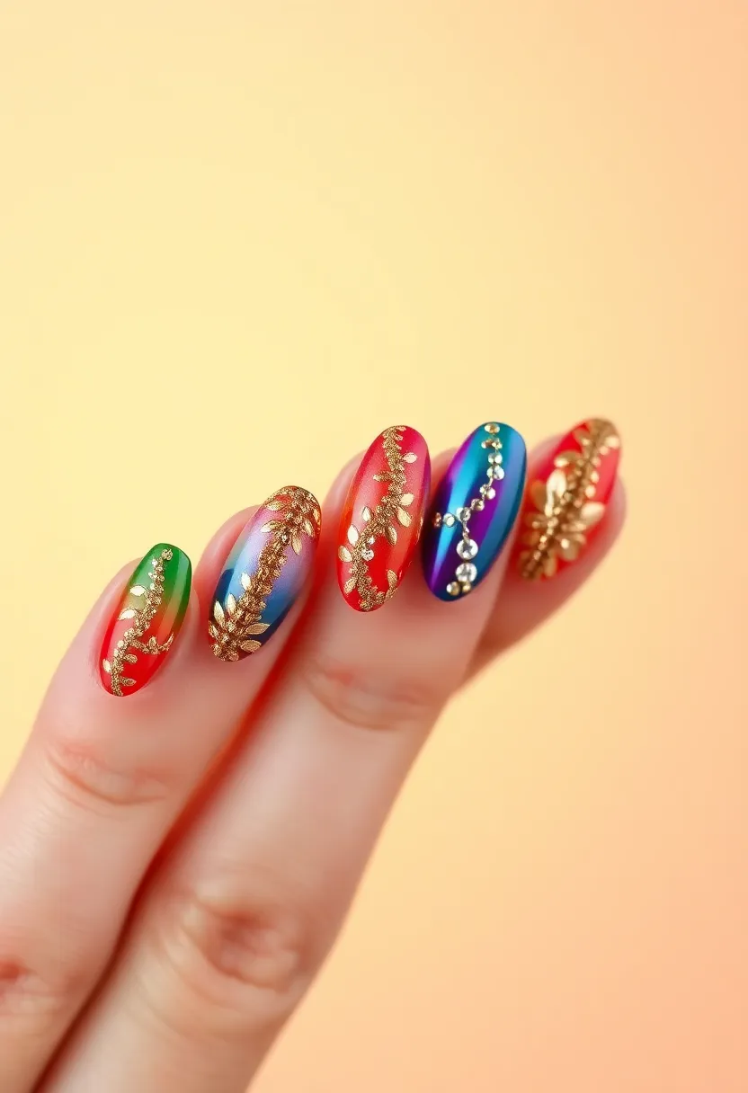 30 Opulent Gold Acrylic Nail Ideas for Luxe - 26. Gold Leaf and Crystal Mix