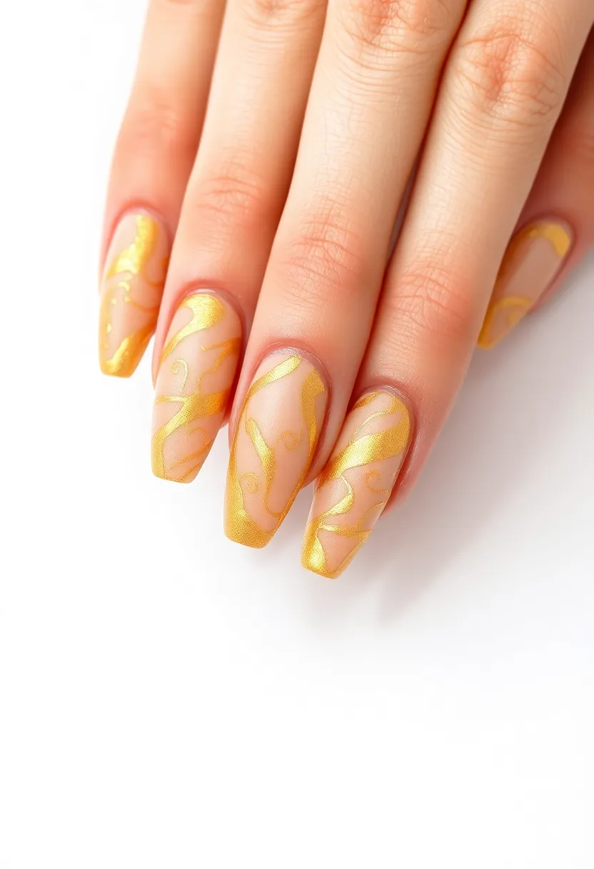 30 Opulent Gold Acrylic Nail Ideas for Luxe - 27. Gold Marbling Technique