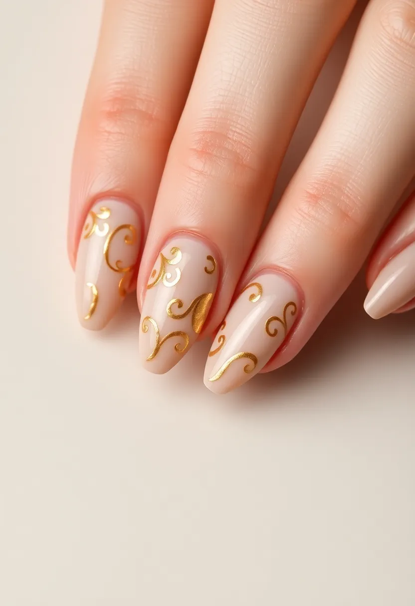 30 Opulent Gold Acrylic Nail Ideas for Luxe - 28. Golden Swirls and Curves