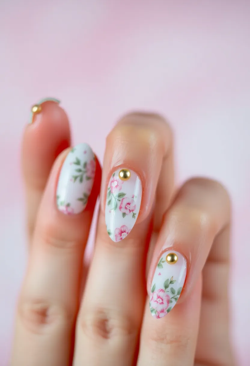 30 Opulent Gold Acrylic Nail Ideas for Luxe - 29. Gold Studded Flower Art