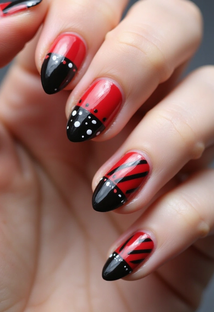 30 Passionate Red Nail Design Ideas for Fiery - 13. Bold Red and Black Combo