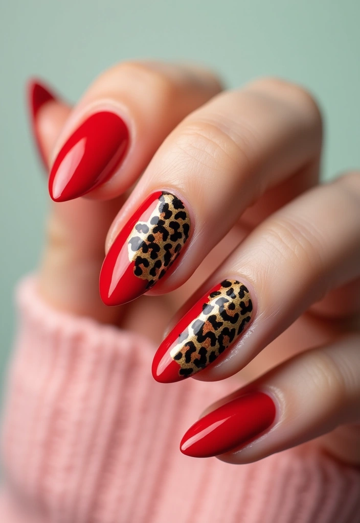 30 Passionate Red Nail Design Ideas for Fiery - 19. Red and Animal Prints