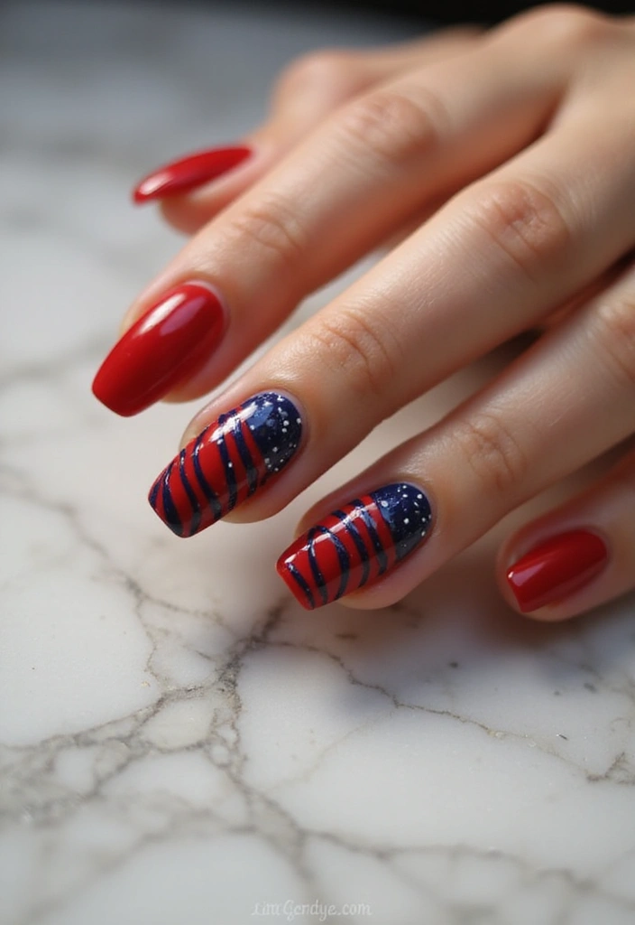 30 Passionate Red Nail Design Ideas for Fiery - 21. Red and Navy Blue Accents