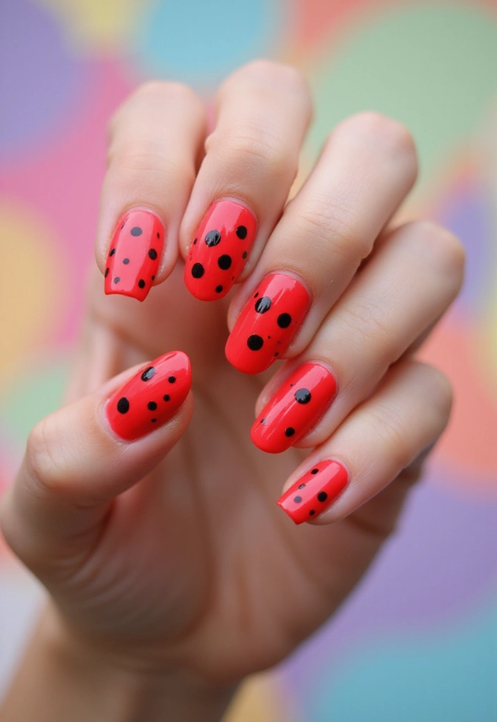 30 Passionate Red Nail Design Ideas for Fiery - 22. Neon Red and Black Dots