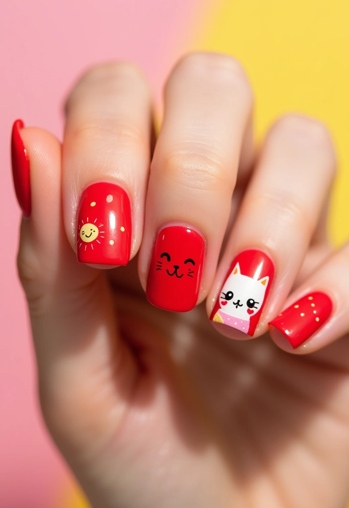 30 Passionate Red Nail Design Ideas for Fiery - 24. Red Nail Art with Cute Characters