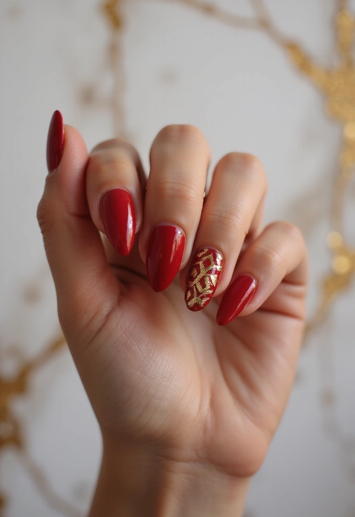 30 Passionate Red Nail Design Ideas for Fiery - 25. Red and Metallic Gold