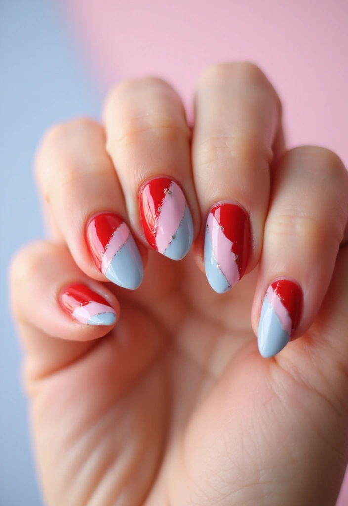30 Passionate Red Nail Design Ideas for Fiery - 26. Red and Pastel Color Blocking