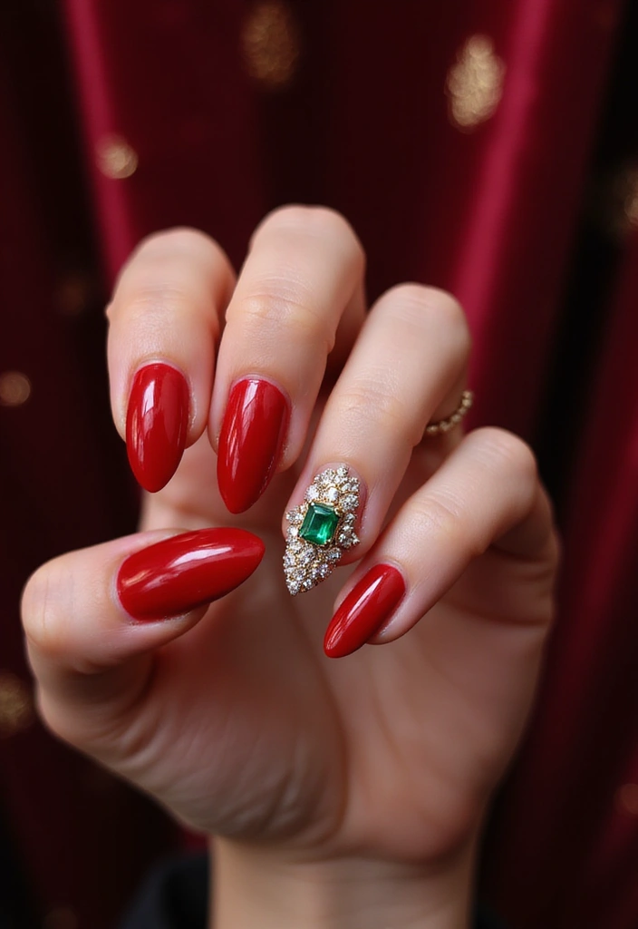 30 Passionate Red Nail Design Ideas for Fiery - 27. Red with Jewel Accents
