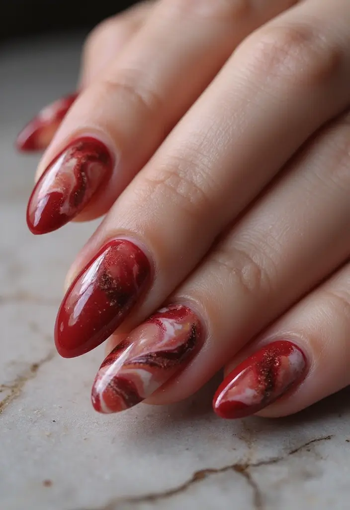 30 Passionate Red Nail Design Ideas for Fiery - 30. Artistic Red Marble Nail Art