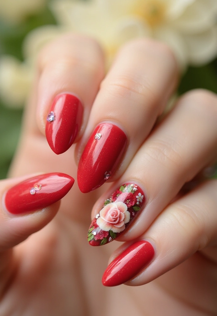 30 Passionate Red Nail Design Ideas for Fiery - 5. Floral Red Elegance