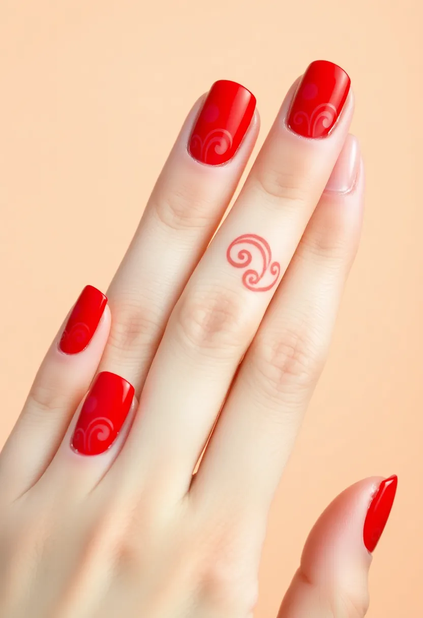 30 Passionate Red Nail Ideas for Bold - 13. Red Swirl Nail Art