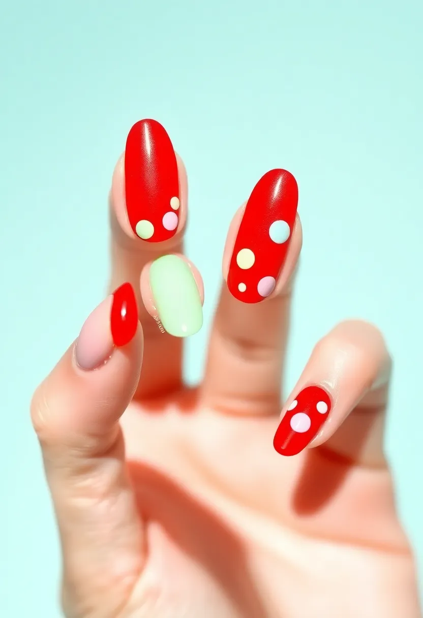 30 Passionate Red Nail Ideas for Bold - 16. Red with Pastel Dots
