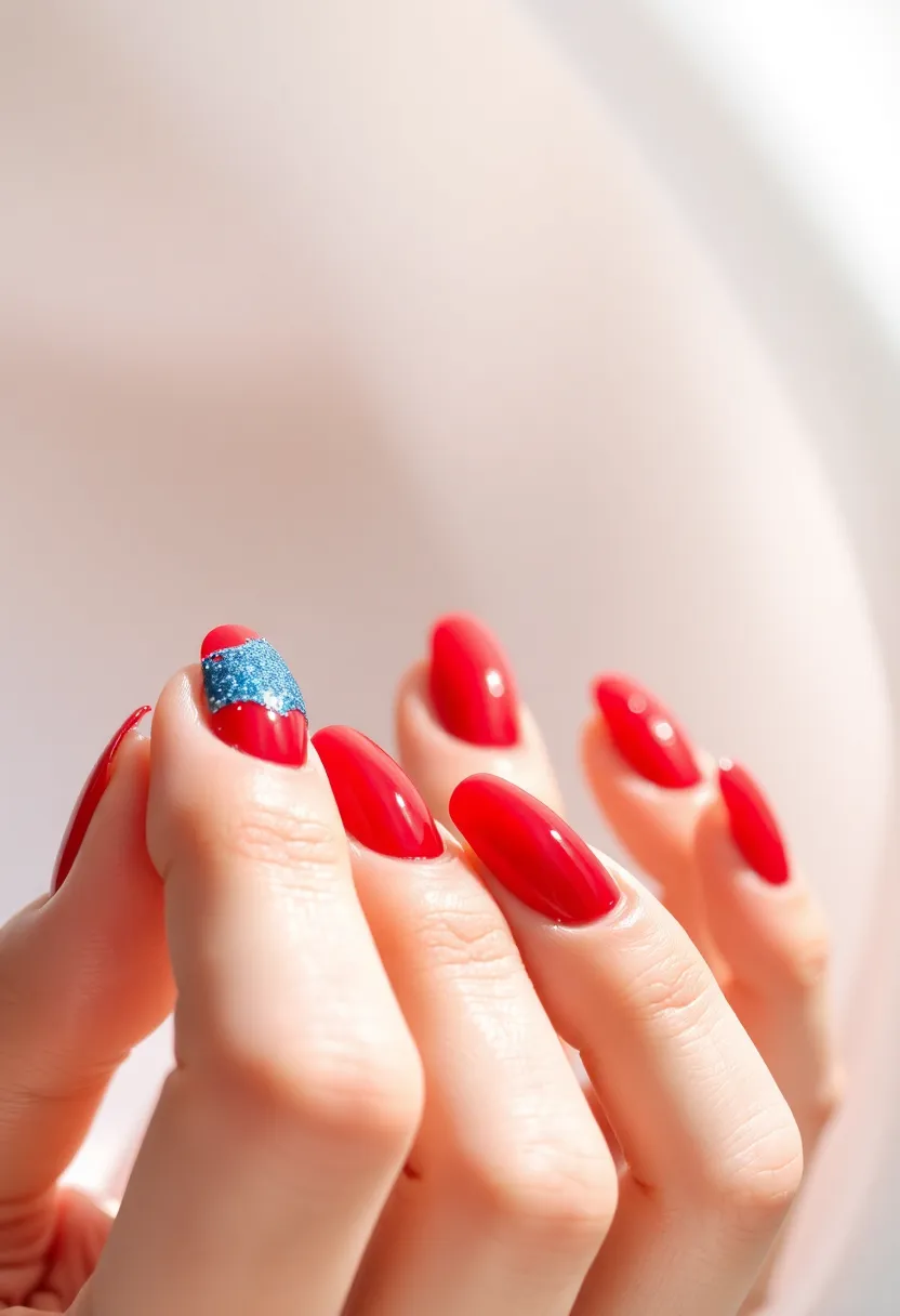 30 Passionate Red Nail Ideas for Bold - 18. Red with Blue Glitter Tips