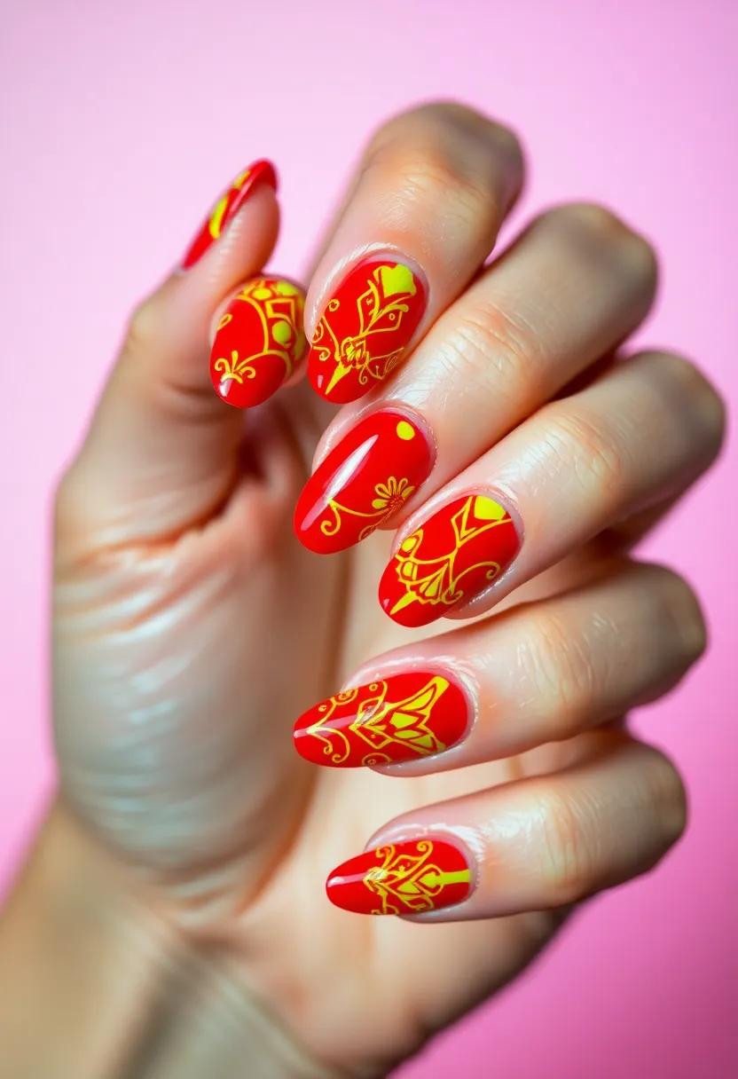 30 Passionate Red Nail Ideas for Bold - 19. Red and Neon Yellow Accents