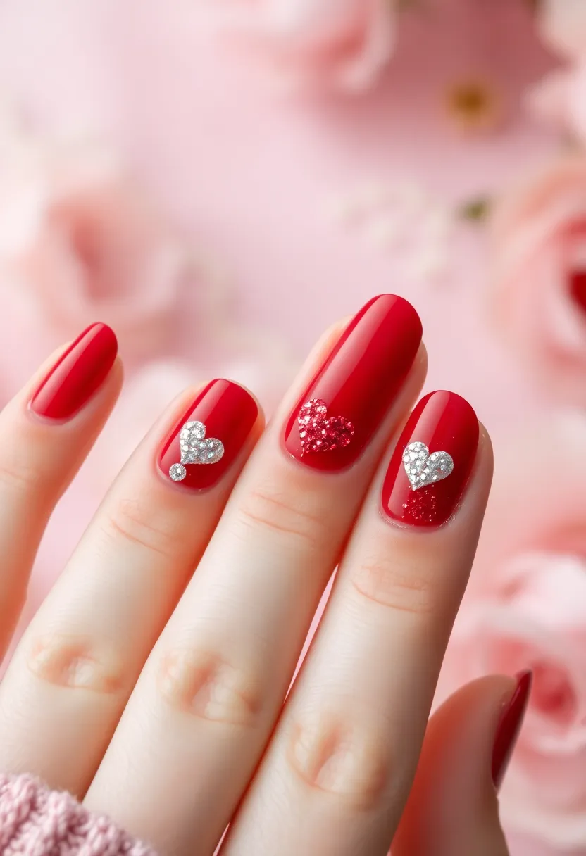 30 Passionate Red Nail Ideas for Bold - 20. Red Glitter Hearts