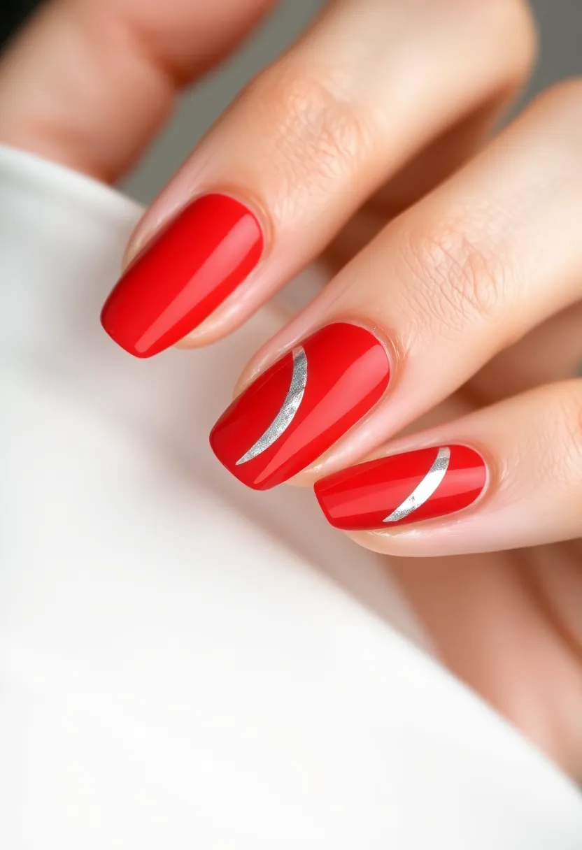 30 Passionate Red Nail Ideas for Bold - 21. Red with Silver Stripe Accents