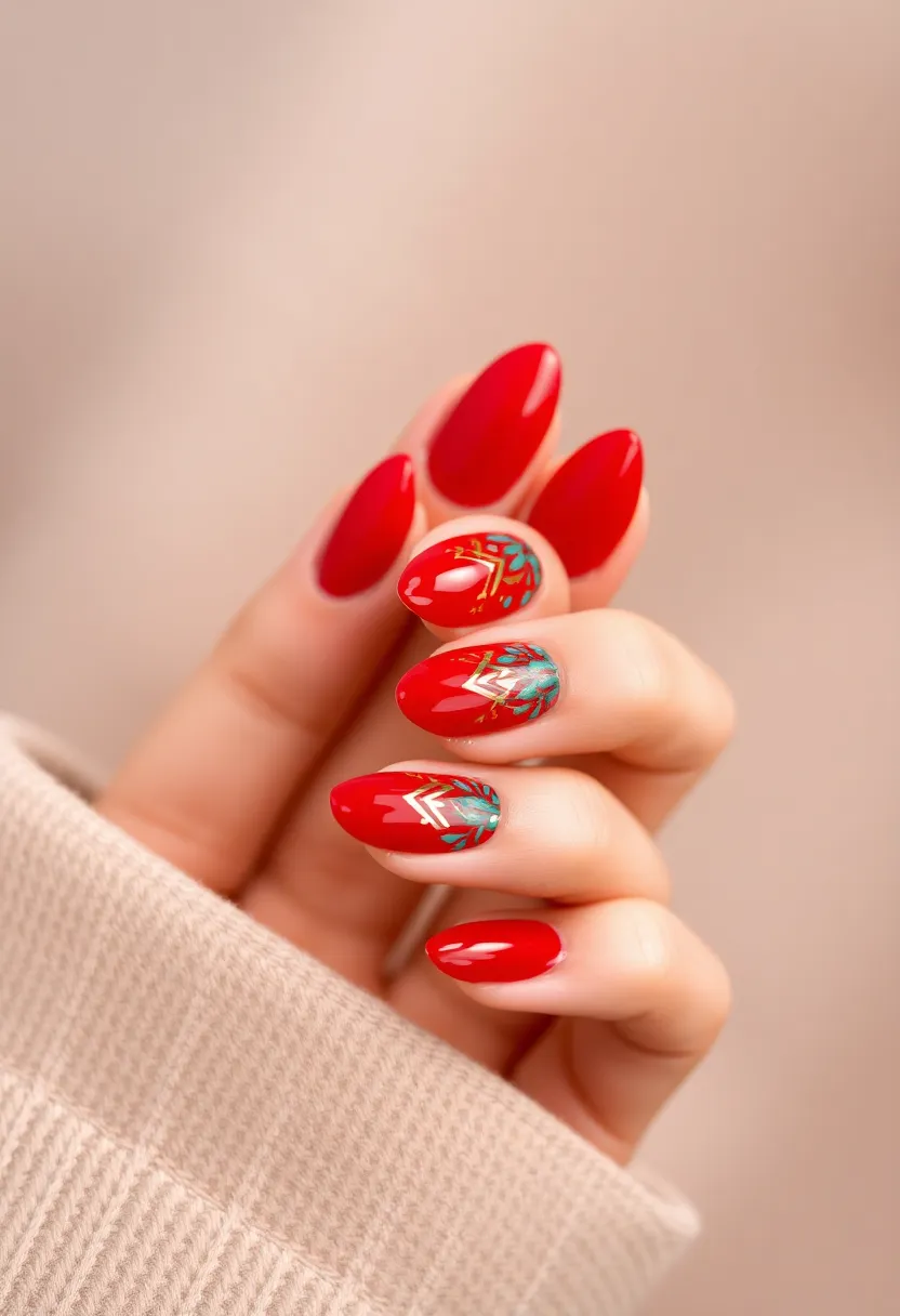 30 Passionate Red Nail Ideas for Bold - 22. Red and Teal Contrast
