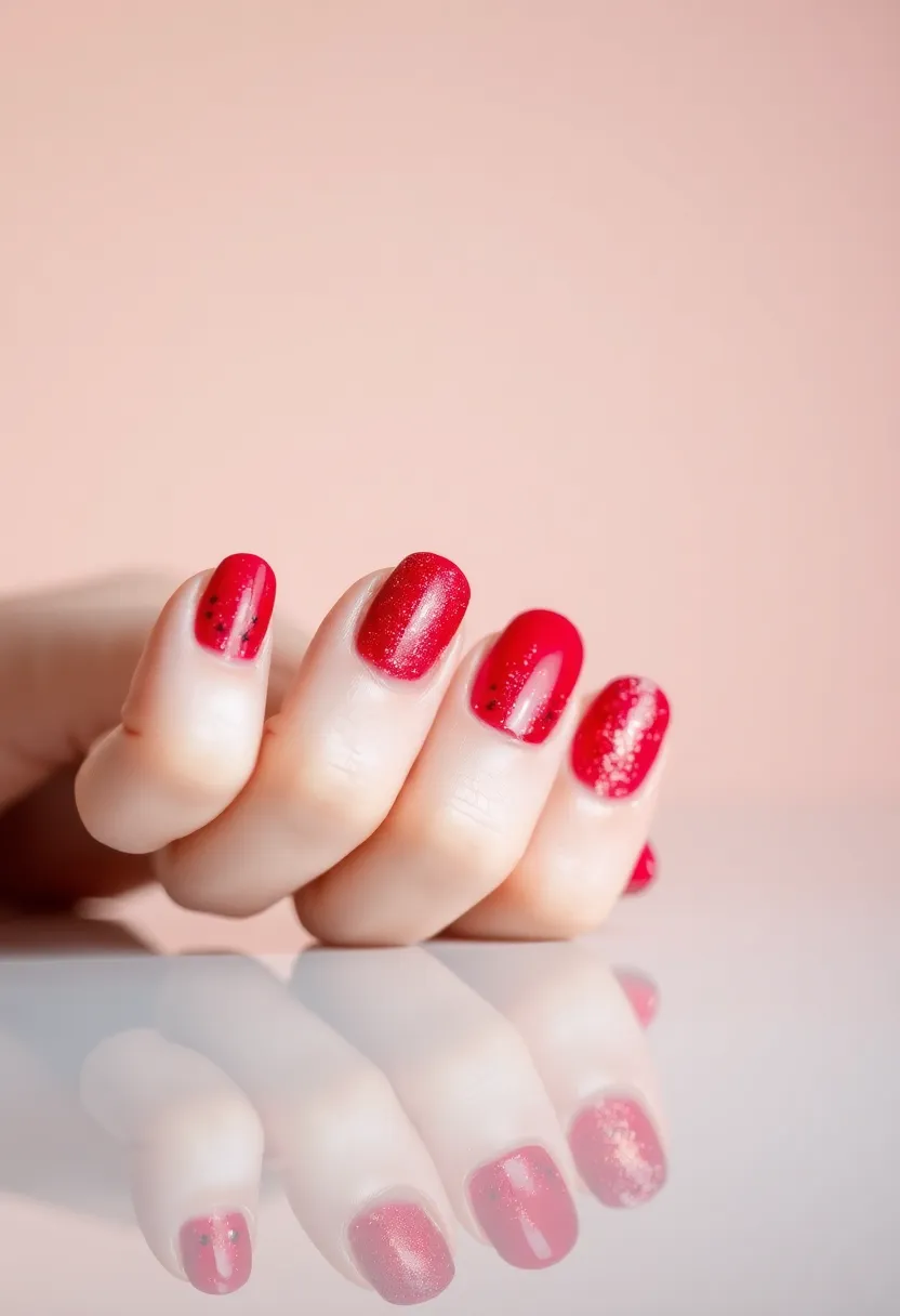 30 Passionate Red Nail Ideas for Bold - 23. Shimmering Red with Black Dots