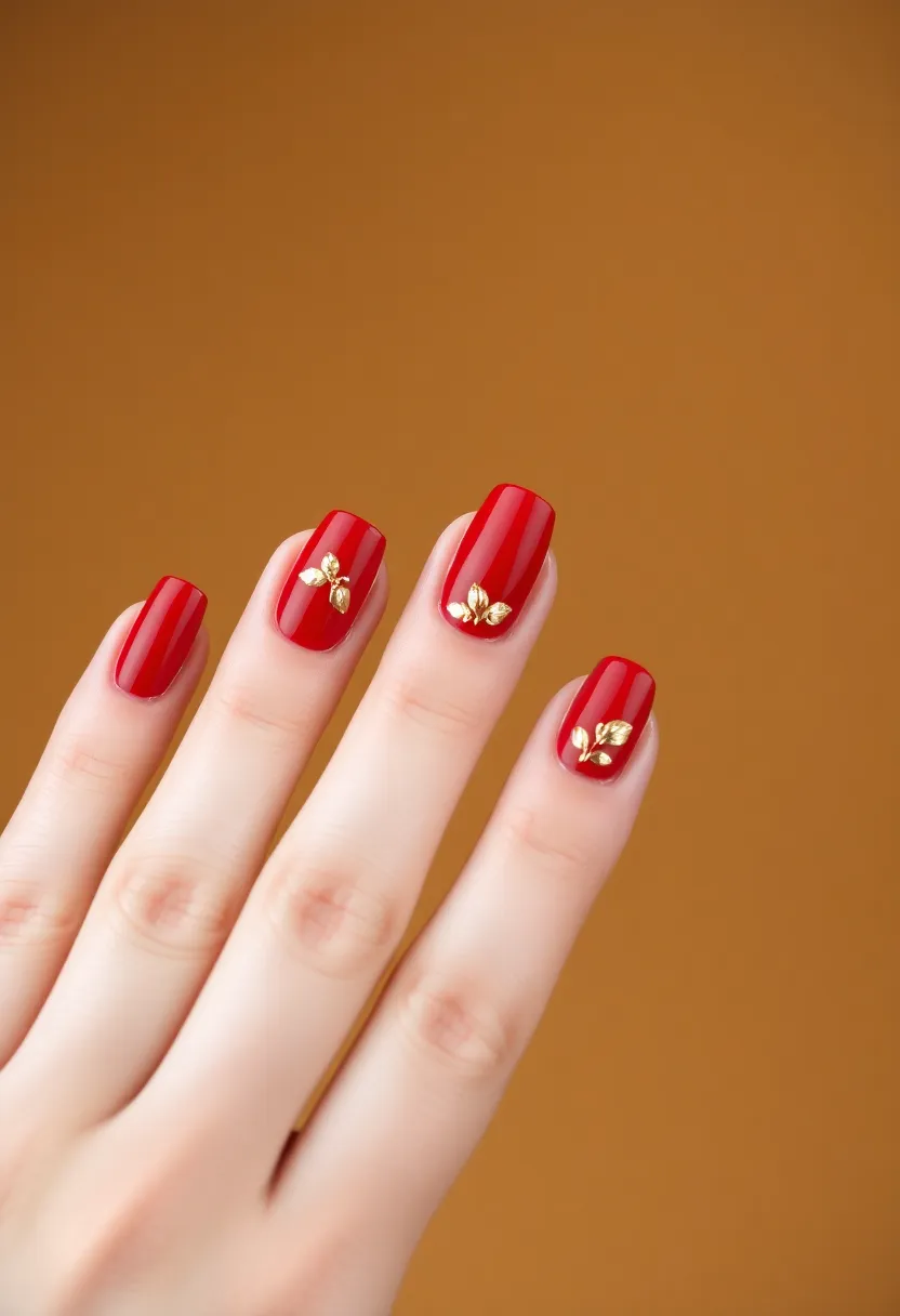 30 Passionate Red Nail Ideas for Bold - 25. Red with Gold Leaf Accents