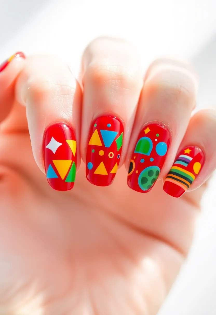 30 Passionate Red Nail Ideas for Bold - 26. Red with Colorful Geometric Patterns