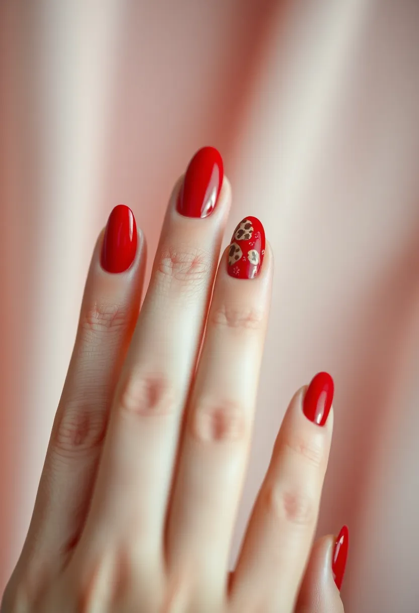 30 Passionate Red Nail Ideas for Bold - 27. Red with Subtle Animal Prints