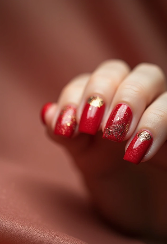 30 Passionate Red Nail Ideas for Bold - 3. Red and Gold Glitter
