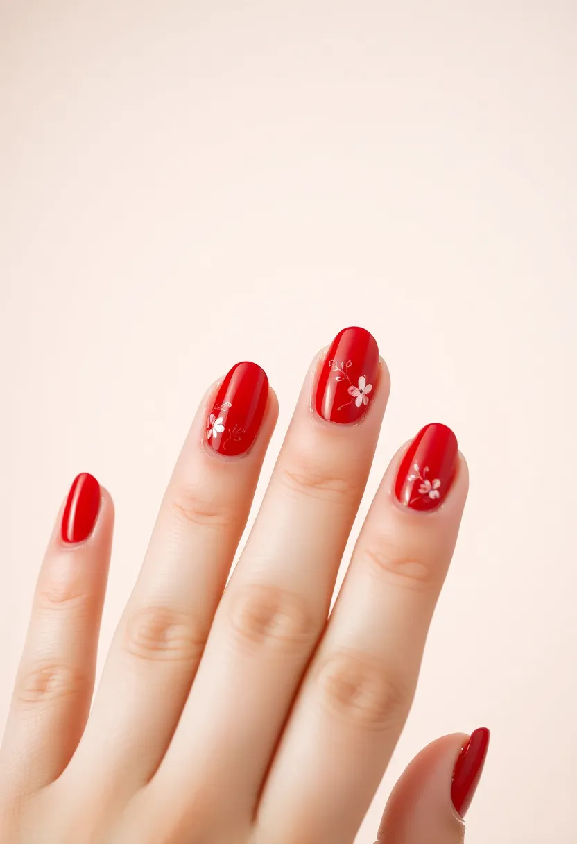 30 Passionate Red Nail Ideas for Bold - 8. Red Floral Accent Nails