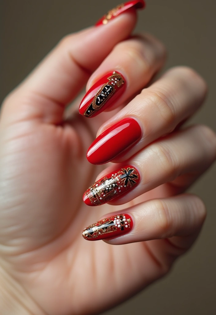 30 Red Acrylic Nail Ideas for Fiery - 11. Tribal Patterns