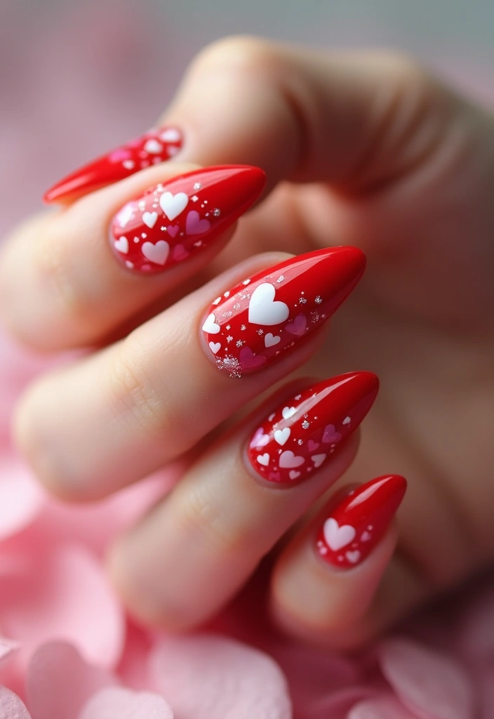 30 Red Acrylic Nail Ideas for Fiery - 17. Romantic Hearts