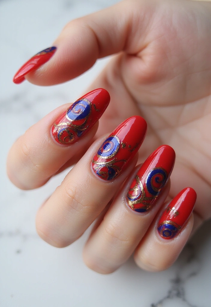 30 Red Acrylic Nail Ideas for Fiery - 20. Dynamic Swirls