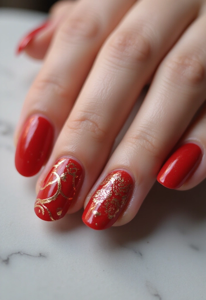 30 Red Acrylic Nail Ideas for Fiery - 21. Artistic Stamping