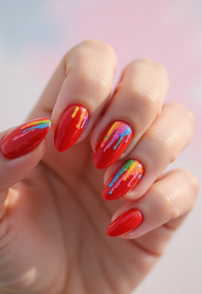 30 Red Acrylic Nail Ideas for Fiery - 23. Rainbow Splashes