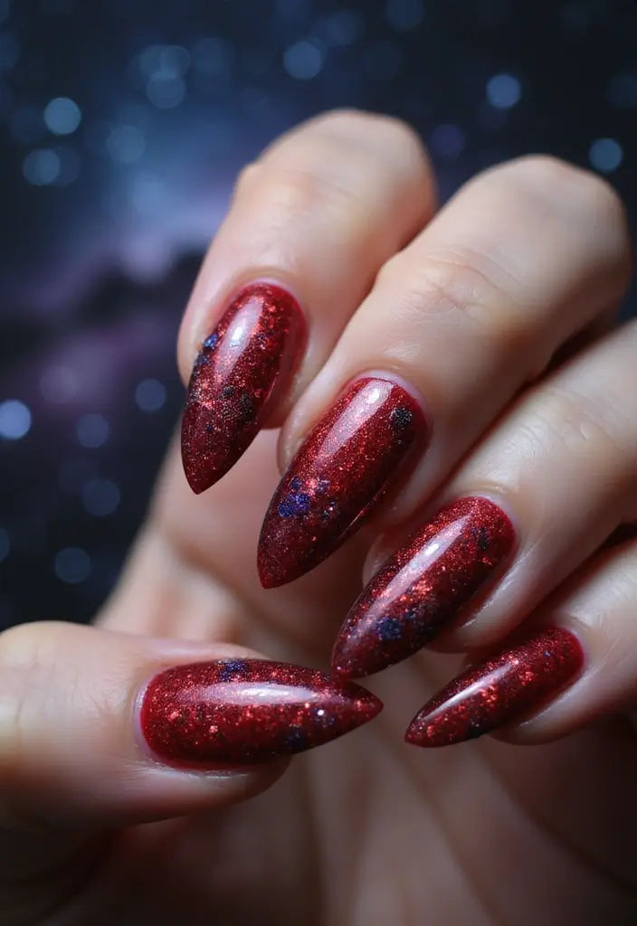30 Red Acrylic Nail Ideas for Fiery - 24. Cosmic Glitter